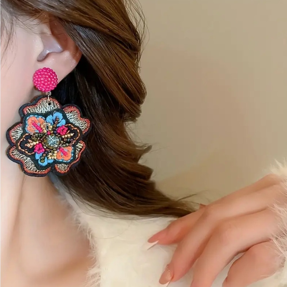 Vibrant Beaded Floral Earrings - Picture 2 of 2